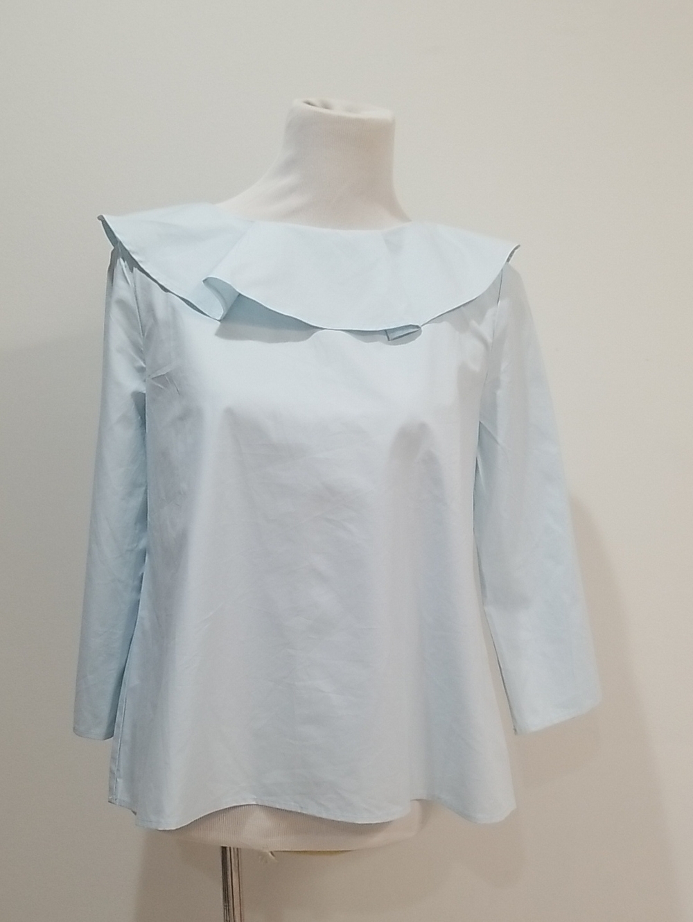 Light Blue Ruffle Neck Blouse for Women